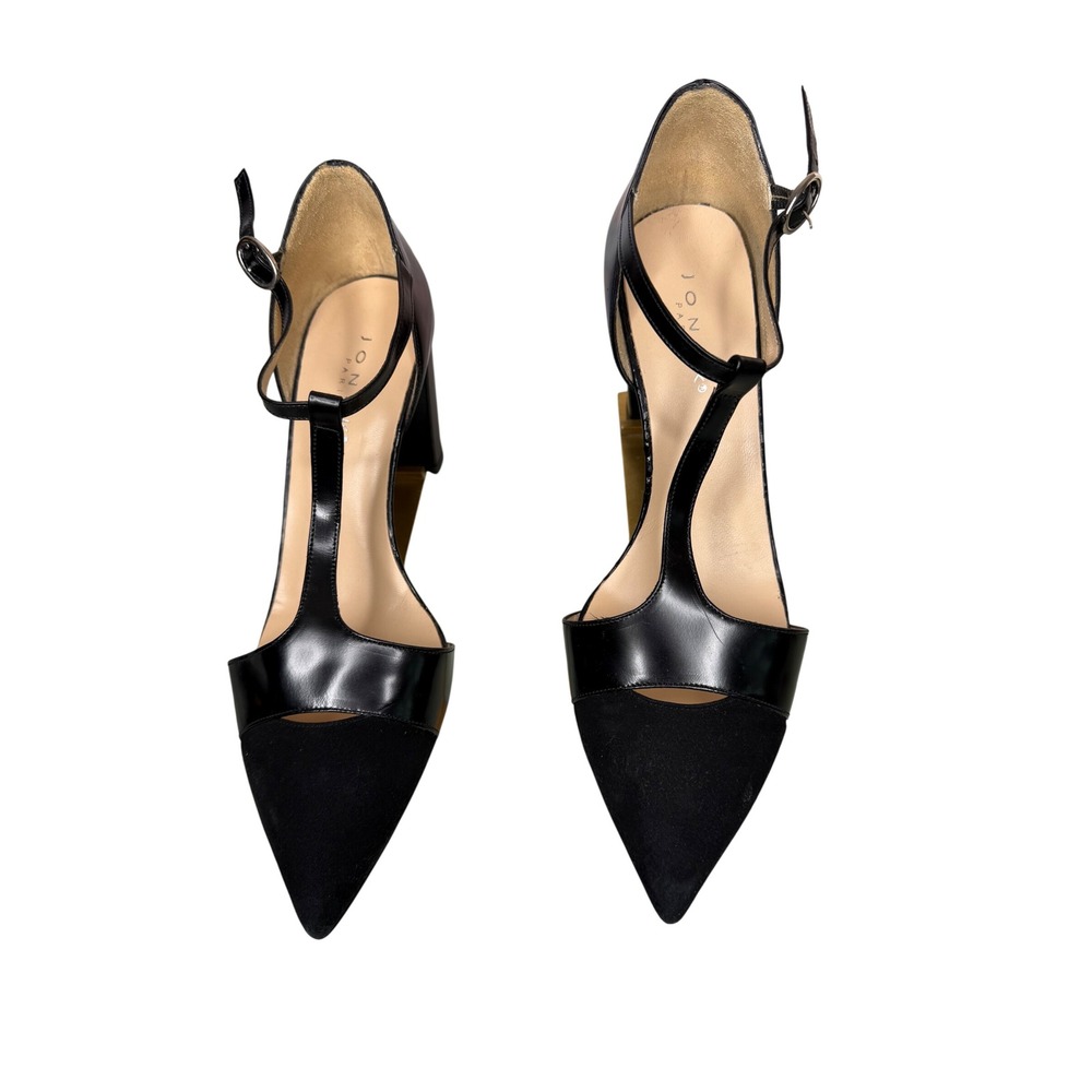 Jonak Paris Heels Black Leather Suede T-Strap Pointed Toe Block Heel EU 40